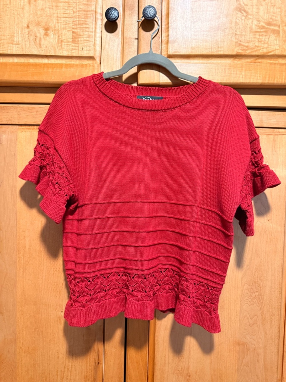 Never Worn Red Short-Sleeve Knit Top with Lace Trim - Women